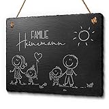 Familienschild aus Schiefer mit Gravur - Haustürschild mit Figuren Mama Papa Kinder | Persönliches Geschenk oder individuelle Dekoidee | Tolles Türschild für Familien (20x15 cm)