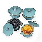 HENXFEN LEAD Mini Cocottes aus Steinzeug, 230ml Auflaufförmchen Souffle Förmchen mit Deckel, 4er-Set Kleine Auflaufform Creme Brulee Schälchen, Reactive Blue