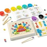 Montessori Spielzeug 1 2 3 4 5 Jahre, Pädagogische Mathe Lernspielzeug Perlen, Digitales Lernen aus Holz mit 63 Perlen, Essstäbchen und Löffeln(C)