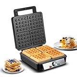 FOHERE 4-Scheiben Waffeleisen, 1200W Belgisches Waffeleisen, Antihaftbeschichtung, Bräunungsregler, Edelstahl – perfekt für Familienfrühstück