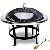 GARDEBRUK® Feuerschale mit Funkenschutz Ø75cm Schürhaken Edelstahl Schale Schwarz Modern Terrasse Garten Feuerstelle Feuerkorb Kamin Ofen Holz Grill