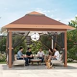Devoko Pop Up Pavillon 3,25 x 3,25 Wasserdicht Stabil, Gartenpavillon mit Extra Großer Schattenfläche, Belüftetes Design, Geeignet für Haustiere, Ideal für Gärten und Festivals, Braun
