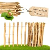 PINEEA Staketenzaun 60 cm Hoch - Holzzaun aus Haselnuss - Wetterbeständiger Gartenzaun 5M Lang - Kastanienzaun für Dekoration und Pflanzenschutz - Lattenabstand 7-8 cm
