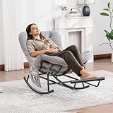 MARSBIRD Schaukelstuhl mit Verlängerbarer Fußhocker, Indoor & Outdoor-Rattansessel ohne Armlehnen mit Kissen und Seitentasche, Rutschfesten Füßen, für Wohnzimmer, Balkon, Schlafzimmer, Hellgrau Cord