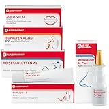 ALIUD PHARMA Reiseapotheke Singles: IBUPROFEN AL Schmerztabletten, REISETABLETTEN AL, MEERWASSER NASENSPRAY, PVP-JOD SALBE