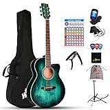 Winzz Akustikgitarre Blau-grün, Westerngitarre 40 Zoll, Gitarre Anfänger Set mit Gitarrenständer, Gitarren Plektrum, Gitarrengurt, Gitarrenstimmgerät, Gitarrentasche