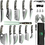 FULLHI 18pcs Metzger Kochmesser Set enthalten Fleischgabel High Carbon Steel Cleaver Küchenmesser für Home BBQ Camping mit Messertasche (18 Stück)