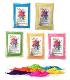 h2i Holi Pulver | 5 Farben x 70 g | 350 g buntes Farbpulver | Holi Color Powder - 5 Farbbeutel mit leuchtenden Farben zum Werfen | für Festivals Fotoshooting Baby-Shower Party-Foto Fun & Action