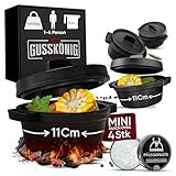 GUSSKÖNIG Dutch Oven Set Mini–4x 300 ml Gusseisen Mini Topf mit Deckel–bereits eingebrannter Mini Dutch Oven–Mini Cocotte Gusseisen Servierpfännchen– inkl. Rezeptbuch & Pflegepaste – 30 Jahre Garantie