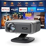Smart Beamer 4K[Netflix Official & 3D Dolby Audio] VISSPL 28000 Lumen Autofokus/Auto Trapezkorrektur Projektor, WiFi6 Bluetooth Beamer 4K Heimkino, Outdoor Video Projektor Mit 360° Drehbarem Ständer