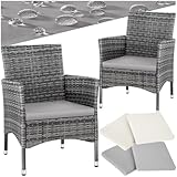 tectake® 2er Set Gartenstuhl aus Polyrattan, Gartenmöbel Set mit 2 Sessel, Outdoor Rattansessel inklusive Sitzpolster und 2 Bezugssets, rostfreie Edelstahlschrauben, pflegeleicht - grau/hellgrau