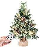 Yorbay Mini Weihnachtsbaum mit Beleuchtung LED und weißem Schnee, 40cm Tannenbaum mit Stern-Baumspitze und echtem Kiefernzapfen, für Weihnachten Dekoration, Advent