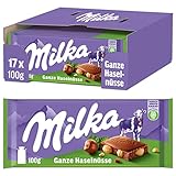 Milka Ganze Haselnüsse Tafel 17 x 100g, Alpenmilch Tafelschokolade mit ganzen Haselnüssen, Noch schokoladiger