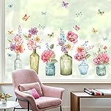 wondever Fenstersticker Garten Blumen Vasen Fenster Aufkleber Rosa Blumen Schmetterlinge Fensteraufkleber Anti-Kollision Doppelseitig Glasaufkleber Frühling Sommer Glas Deko