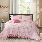 Holawakaka Bettwäsche-Set mit Rüschen, gestreift, 6-teiliges Bett in einer Tasche mit rosa Schmetterlingsschleife, Shabby-Chic-Stil, Mädchen-Bettwäsche-Set für Mädchen, Teenager, Frauen, niedliches