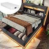 Huayz Polsterbett 90x200cm, LED Einzelbett mit Stauraum und Lattenrost, Kopfteil mit Staufach und USB- und Typ-C Ladefunktion, Hydraulisch Stauraumbett Rückenlehne,Leinenstoff, Mit Matratze