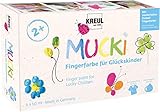 KREUL 23050 - Mucki Fingerfarbe für Glückskinder, 6 x 50 ml in Gelb, Pink, Diamanten-Blau, Grün, Orange, Drachen-Silber, parabenfrei, glutenfrei, laktosefrei, vegan, auswaschbar