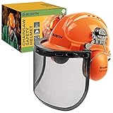 BLOSTM ﻿﻿Schutzhelm Kettensäge - 3-in-1 Orange Forsthelm, Schutzhelm mit Visier Stahlnetz, Forstschutzhelm mit integriertem Gehörschutz, Verstellbarer Kettensägen Helm mit Ratschensystem