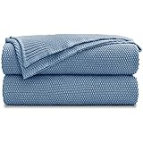 Queenshin 100% Baumwolle Strickdecke Super Weich Warm Gestrickte Wohndecke, Flauschig Kuscheldecke dünne Sofa Bett überwurf CouchDecke 130*150 cm, Blau