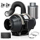Trsaow 100 mm Rohrventilator-Set, Lüftungsset mit 360 m³/h Luftleistung, Inline-Rohrventilator-Komplettset mit Drehzahlregler, Kohlefilter und flexiblem Schlauch, ideal für Growzelt Silent Duct Fan