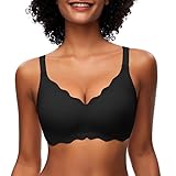 Jiuday Damen BH ohne Bügel Spitzen Soft BH Große Brüste Starker Halt Push Up Bügelloser BH Gepolstert Seamless Bequemer Nahtloser Bra V-Ausschnitt Minimizer Bralette (Schwarz,XL)