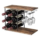 Weinregal für 6 Flaschen, Flaschenregal mit 3 Ablagen, Vintage Weinständer Metall mit Glashalter, Flaschenhalter Freistehender Flaschenregal für Küche Bar Esszimmer Wohnzimmer, Vintagebraun-schwarz