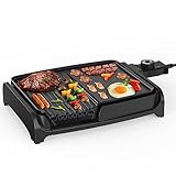 Tiastar 2-in-1 Tischgrill Elektrisch, 1600W Elektro Grillplatte mit Fettwanne, Teppanyaki Antihaftbeschichtet, Einstellbarer Temperatur Elektrogrill für Balkon