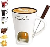 Schokofondue Tasse Set mit Gabel,Becher zum Schmelzen von Schokolade,Keramik Schoko Fondue Tassen,Mehrzweck Schokoladenfondue Tasse Set,Wärmebecher für Käse Butter Süßigkeiten Karamell (Weiß)
