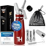 Thiru Sahnespender inkl.Toolbox - Note 'sehr gut' -100 Tage testen - Sahnesyphon mit eBook & 3 Edelstahl Tüllen - Sahnesyphon für Schlagsahne, Espuma & warme Speisen (Rot)