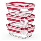EMSA Clip & Close Glas Frischhaltedose, rechteckig, 0,45 L, 100 Prozent dicht, rutschfestes Stapeln, Glasbehälter spülmaschinen-, gefrier-, backofen-, mikrowellenfest, Rot, Transparent, N10511