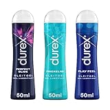 Durex Play Gleitgel Ausprobierpaket – Abwaschbar, nicht fettend & hinterlässt keine Flecken – Set Durex Perfect Glide, Play Feel & Prickelnd – Wasserbasis & Silikonbasis, Kondom-geeignet – 3 x 50 ml