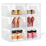 SONGMICS Schuhboxen 6er Set, Schuh-Organizer aus Kunststoff, stapelbar quer und längs, Aufbewahrungsbox mit Magnettverschluss, durchsichtig, für Schuhe bis Größe 46, wolkenweiß LSP806WH01