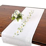 Tischdeckenshop24 Stickpackung Margeriten, Tischläufer Set vorgezeichnet zum Sticken, Sommer Stickset mit Plattstich und Stielstich zum Selbersticken