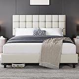 Yaheetech Polsterbett 160 x 200 cm Doppelbett mit Höhenverstellbarem Kopfteil, Stabiler Bettrahmen Stoffbett mit Lattenrost, Gepolstertes Bettgestell Bett, Beige