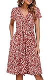 OUGES Sommer Damen Stillkleid V-Ausschnitt Umstandskleid Festlich 2025 Mode Midikleid mit Taschen -M