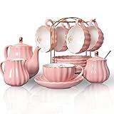 Sweejar Home 22 Stück Europäischen Stil Teeservice, Teetasse und Untertasse Set, Keramik Kaffeeset, Teeset Royal Family aus Porzellan, für 6 Personen, 225 ml-Tassen rose