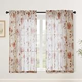 Simplebrand Blumenprint Gardinen mit Doppelperforationstechnik 2er Set Voile Vorhänge mit Bleistiftfalten 130Bx122H Leicht Luftig Sichtschutz Deko Vorhänge für Wohnzimmer Schlafzimmer Modern Elegant