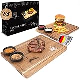 LIKAYA® Servierbrett XXL 'Santiago' 2er Set aus FSC® zertifiziertem Akazien-Holz mit Saucen Schüsseln - perfekt als Grillbrett, Grill Zubehör und Geschenk für Steak, Burger & Sushi!