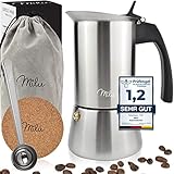 Milu Espressokocher Induktion geeignet | 2, 4, 6, 9 Tassen | Edelstahl Mokkakanne, Espressokanne, Espresso Maker Set inkl. Untersetzer, Löffel, Bürste (6 Tassen 300ml)