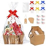 SelfTek 6 Set Geschenkkorb Leer Groß - Geschenkkorb mit Präsentkorb Leer Geschenkfolie Transparent, Schleifen, Grußkarte, Etikett, Präsentkorb Leer für Weihnachten, Geburtstag, Hochzeit (Braun 6 Set)