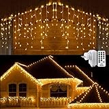 Geemoo Eiszapfen Lichterkette Außen Warmweiß, 360 LED Weihnachtsbeleuchtung Lichtervorhang Eisregen Lichterkette Stecker mit Fernbedienung, 8 Modi Dimmbar für Innen und Außen Deko