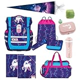 McNeill Schulranzen Mädchen 1. Klasse 12-TLG. Set Ergo Complete Lilly Einhorn mit Sporttasche Unicorn Schultüte 85cm und Regenschutz | Komplett-Set für die Einschulung