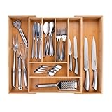 alpina Besteckkasten für Schubladen - Organizer Schublade Ausziehbar 46 x 34-56,5 x 6 cm - Besteckkasten Holz mit 6 bis 8 Fächern - Für Küchenutensilien und mehr - Ökologisches Bambus