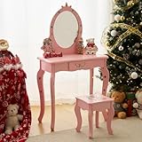 LEADZM Schminktisch Kinder mit Hocker Frisiertisch Kinderschminktisch für Mädchen Frisierkommode Weiß/Rosa (Rosa)