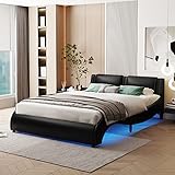 Queta Polsterbett 140 * 200cm Kunstlederbett mit LED-Lichtbettgestell mit Lattenrosten Schwarz