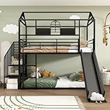 Aoskem Kinderbett Etagenbett 90x200, Hochbett Hausbett Metallbett mit Rutsche & Seitenleiter, Dach & Fenster, Eisenbett Bettgestell mit Rausfallschutz & Lattenrost, Jugendbett, Ohne Matratze, Schwarz