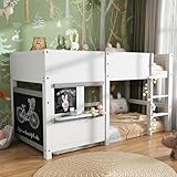 Merax Kinderbett Halbhochbett 90x200 cm, mit 2 Gekritzeltafel für Kinder, Hochbett mit Dreistufiges Treppendesign, Lattenrost und Rausfallschutz, Ohne Matratze, Weiß/204x98.5x110cm