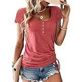KILISU Damen T-Shirts Kurzarm V Ausschnitt Tops T Shirts für Frauen 2025 Sommer Tops Trendy Loose Soft Casual Henley Tee, Rosenrot, X-Large