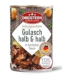 DREISTERN Gulasch vom Rind & Schwein 400g I Mit pikanter Sauce I Herzhaftes Fertiggericht in recyclebarer Konservendose I Lange Haltbarkeit dank natürlicher Konservierung I Hausmacher Qualität