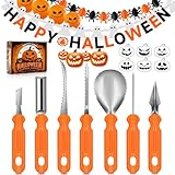 Halloween Kürbis Schnitzset, 24 Stück Kürbisschnitz Set mit Kürbis Schnitz Vorlagen Halloween Dekoration Banner&Luftballons, Edelstahl Pumpkin Schnitzwerkzeuge für Kinder und Famile Herbstdeko